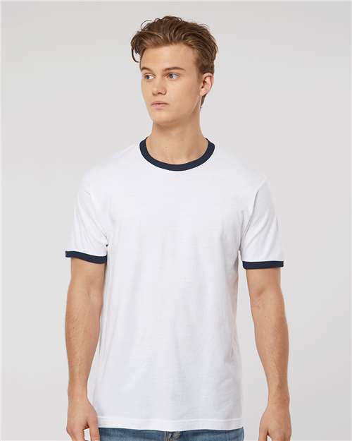 Unisex Fine Jersey Ringer T-Shirt Tultex White Navy