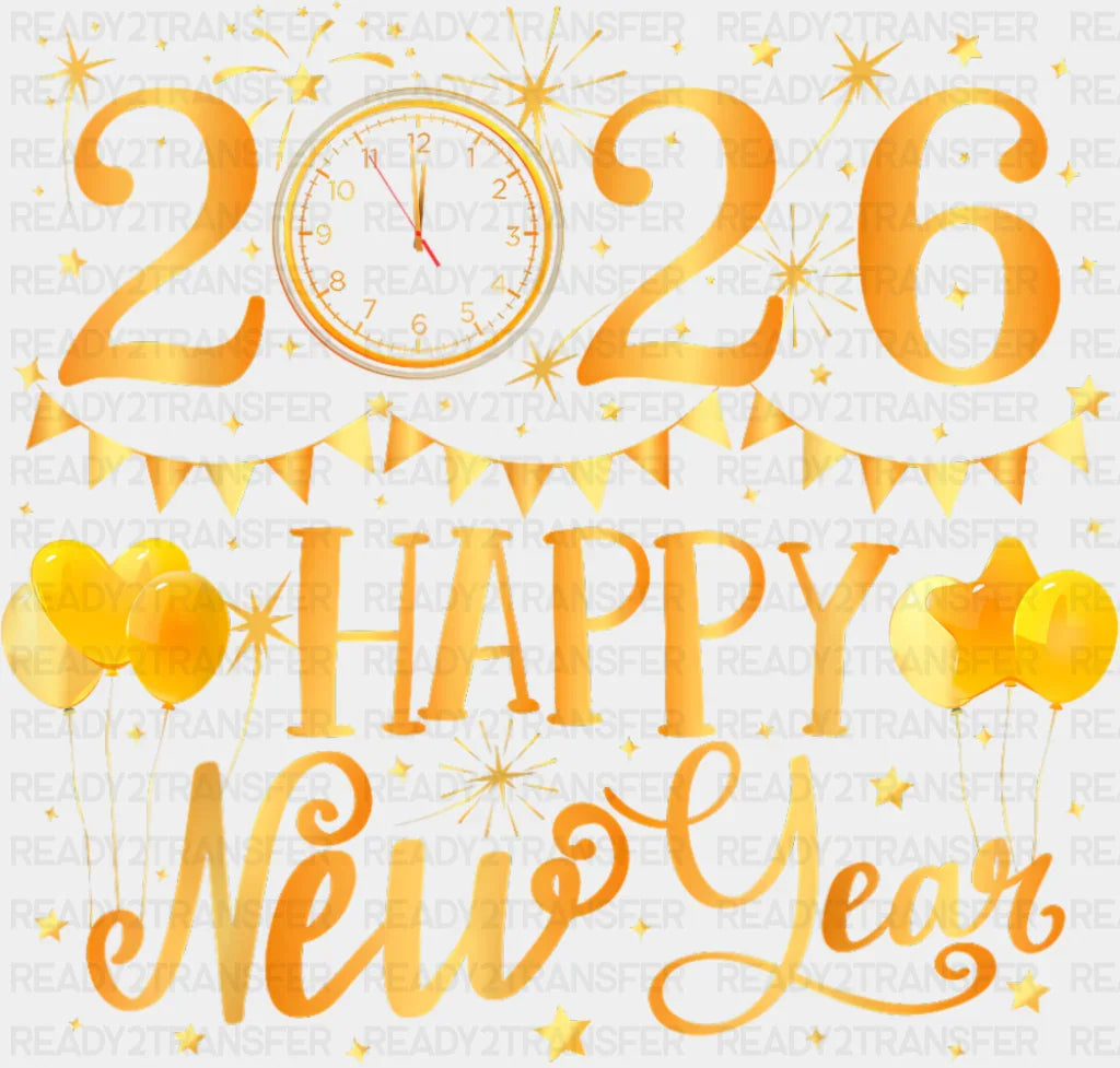 2026 Happy New Year Gold Clock - New Year DTF Transfer