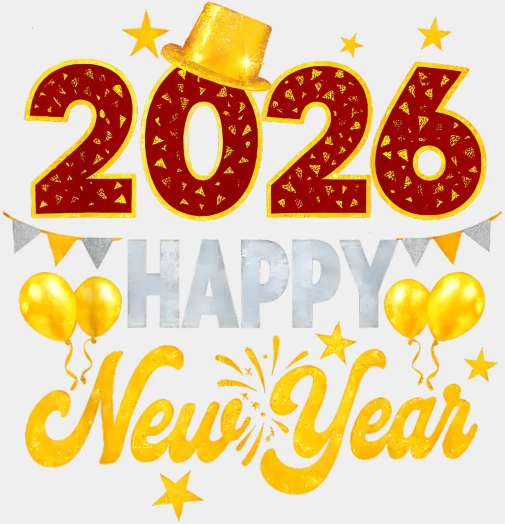 2026 Happy New Year Red And Gold - New Year DTF Transfer Adult Unisex - S & M (10’’) / Light Color Design (See Imaging)