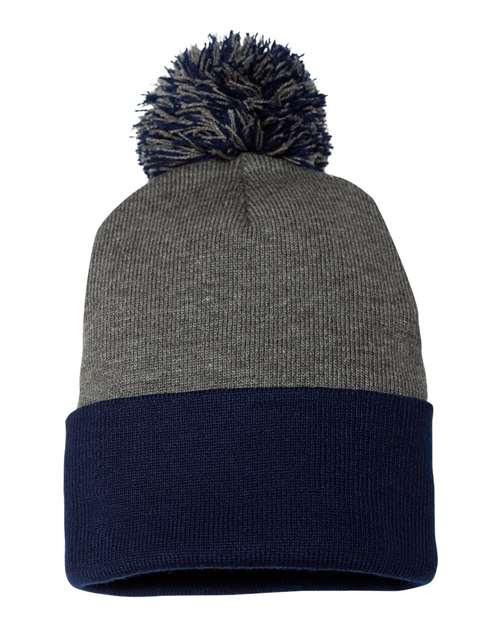 12" Pom-Pom Cuffed Beanie Sportsman Dark Heather Grey Navy One Size