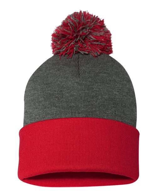 12" Pom-Pom Cuffed Beanie Sportsman Dark Heather Grey Red One Size