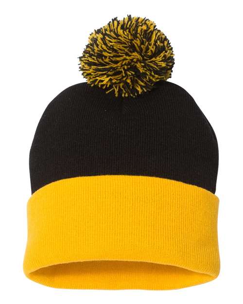 12" Pom-Pom Cuffed Beanie Sportsman Black Gold One Size