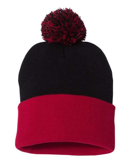 12" Pom-Pom Cuffed Beanie Sportsman Black Red One Size