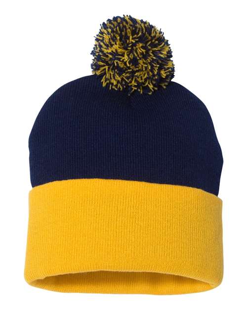 12" Pom-Pom Cuffed Beanie Sportsman Navy Gold One Size