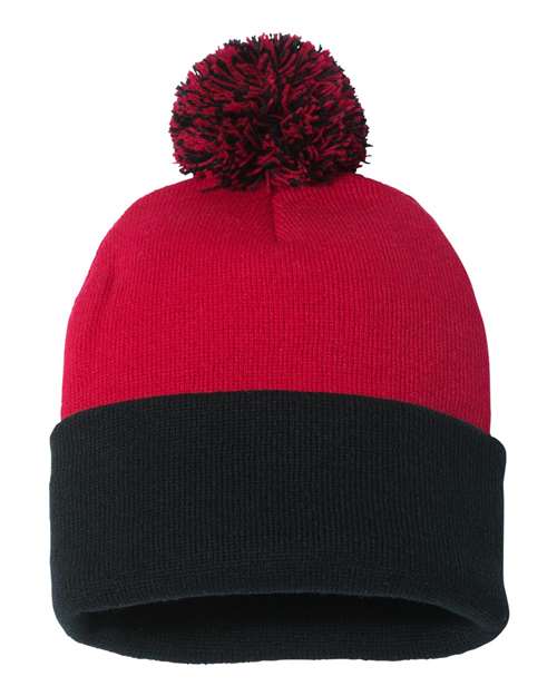 12" Pom-Pom Cuffed Beanie Sportsman Red Black One Size