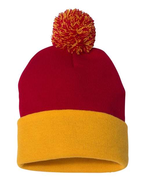12" Pom-Pom Cuffed Beanie Sportsman Red Gold One Size