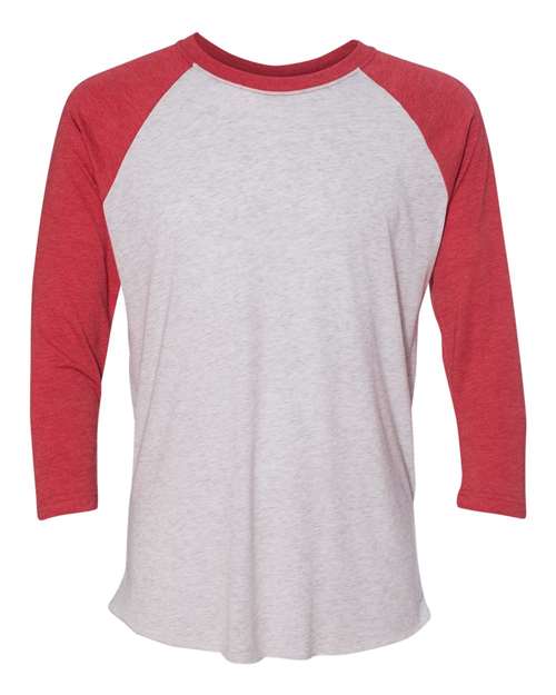 Unisex Triblend Three-Quarter Raglan T-Shirt Next Level Vintage Red Sleeves Heather White Body