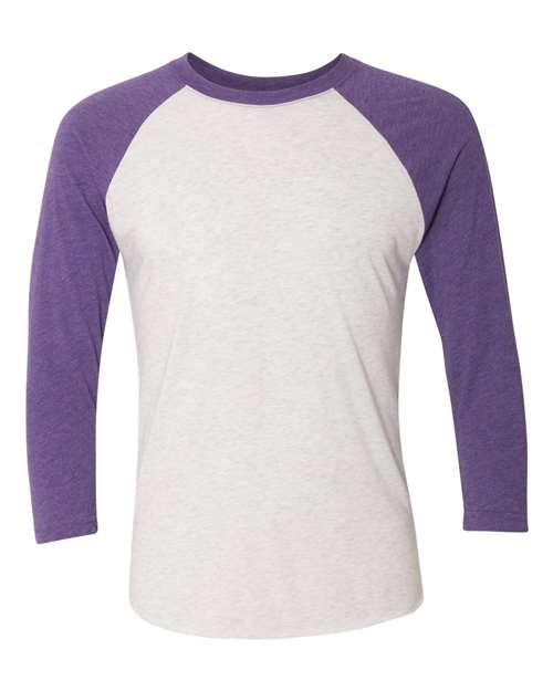 Unisex Triblend Three-Quarter Raglan T-Shirt Next Level Purple Rush Sleeves Heather White Body