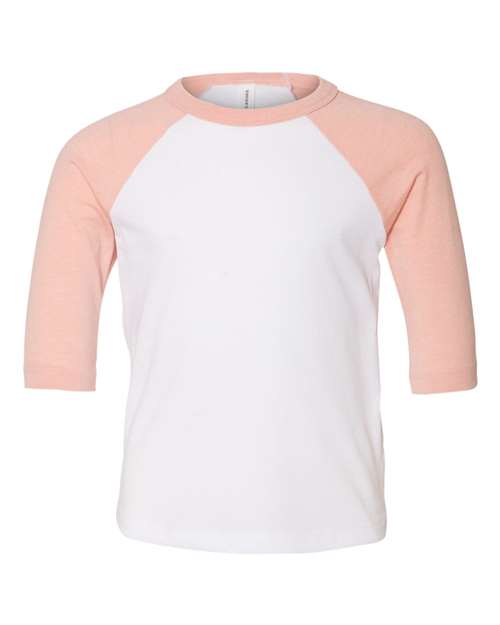 Toddler Three-Quarter Sleeve Baseball Tee BELLA + CANVAS White Heather Peach