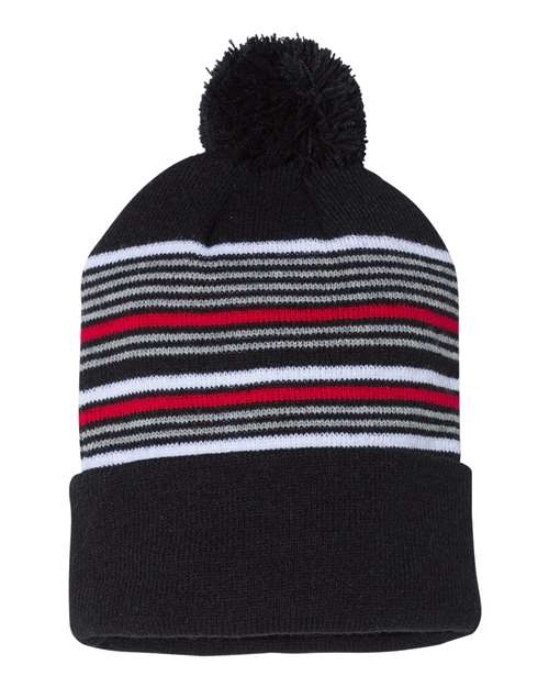 12" Striped Pom-Pom Cuffed Beanie Sportsman Black White Grey Red One Size