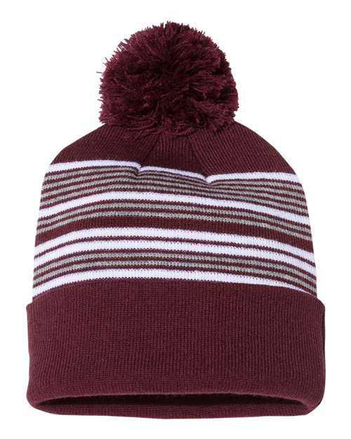 12" Striped Pom-Pom Cuffed Beanie Sportsman Maroon White Grey One Size