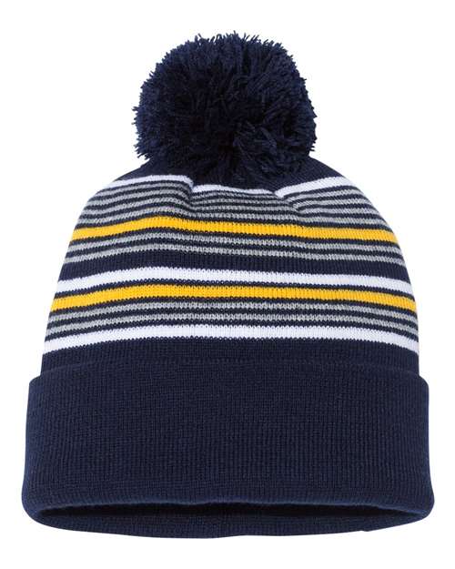 12" Striped Pom-Pom Cuffed Beanie Sportsman Navy White Grey Gold One Size