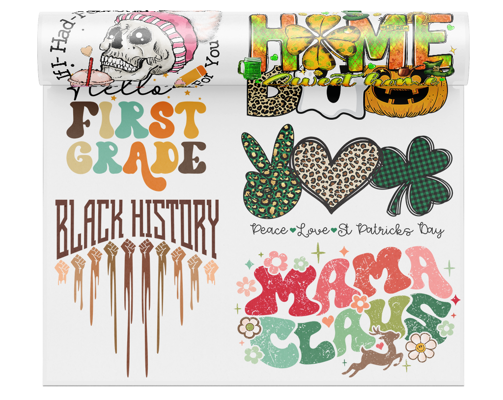 DTF gang sheet template showing multiple designs arranged on one sheet