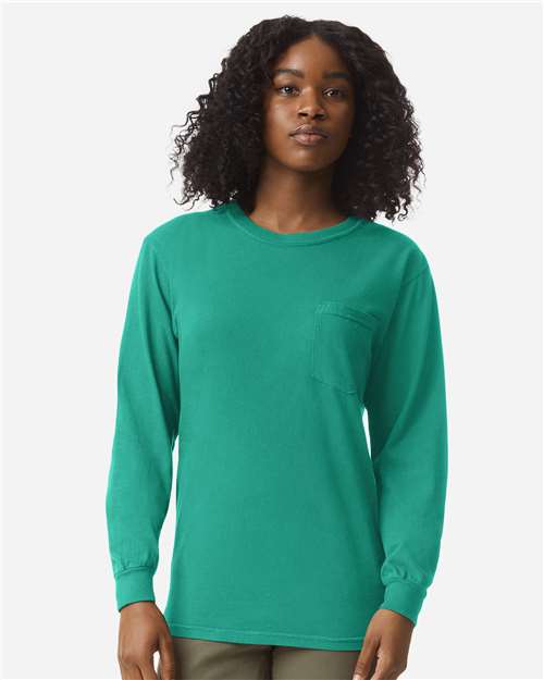 Unisex Garment-Dyed Heavyweight Long Sleeve Pocket T-Shirt Comfort Colors Island Green
