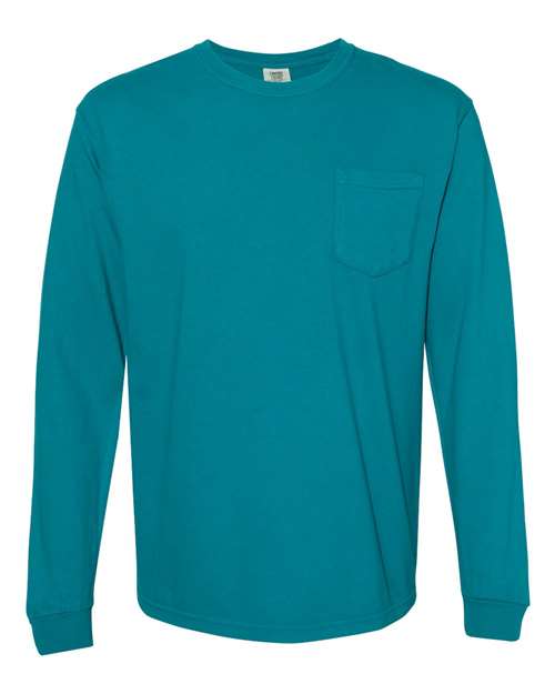 Unisex Garment-Dyed Heavyweight Long Sleeve Pocket T-Shirt Comfort Colors Topaz Blue 3XL