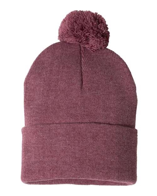 12" Pom-Pom Cuffed Beanie Sportsman Heather Cardinal One Size