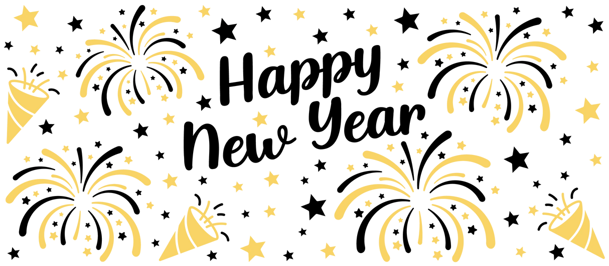 Happy New Year Black And Yellow - New Year Cup Wrap UV Sticker Permanent UV DTF Decal