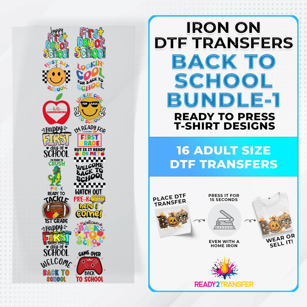 Back To School Bundle Iron on DTF Transfer Bundle 1 - 16 Best Seller Ready To Press T-shirt Designs