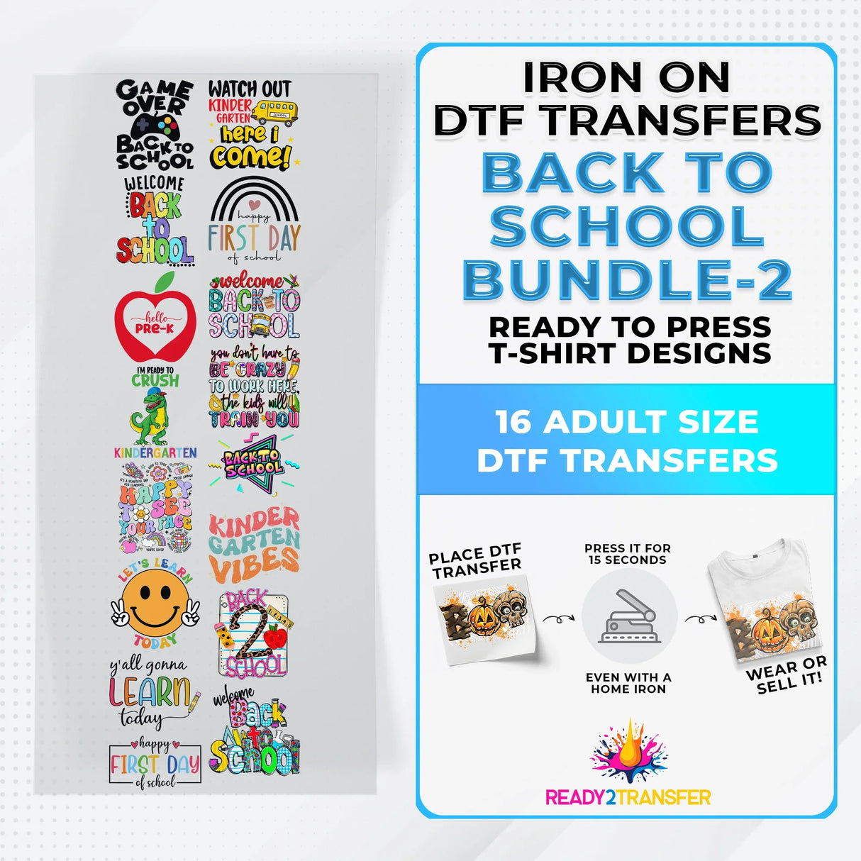 Back To School Bundle Iron on DTF Transfer Bundle 2 - 16 Best Seller Ready To Press T-shirt Designs