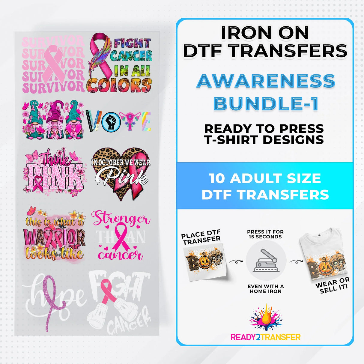 Awareness Month Iron on DTF Transfer Bundle 1 - 10 Best Seller Ready To Press T-shirt Designs
