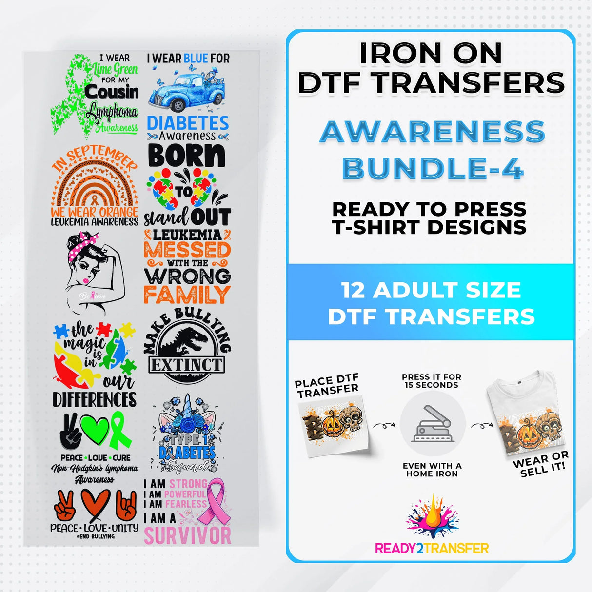 Awareness Month Iron on DTF Transfer Bundle 4 - 12 Best Seller Ready To Press T-shirt Designs