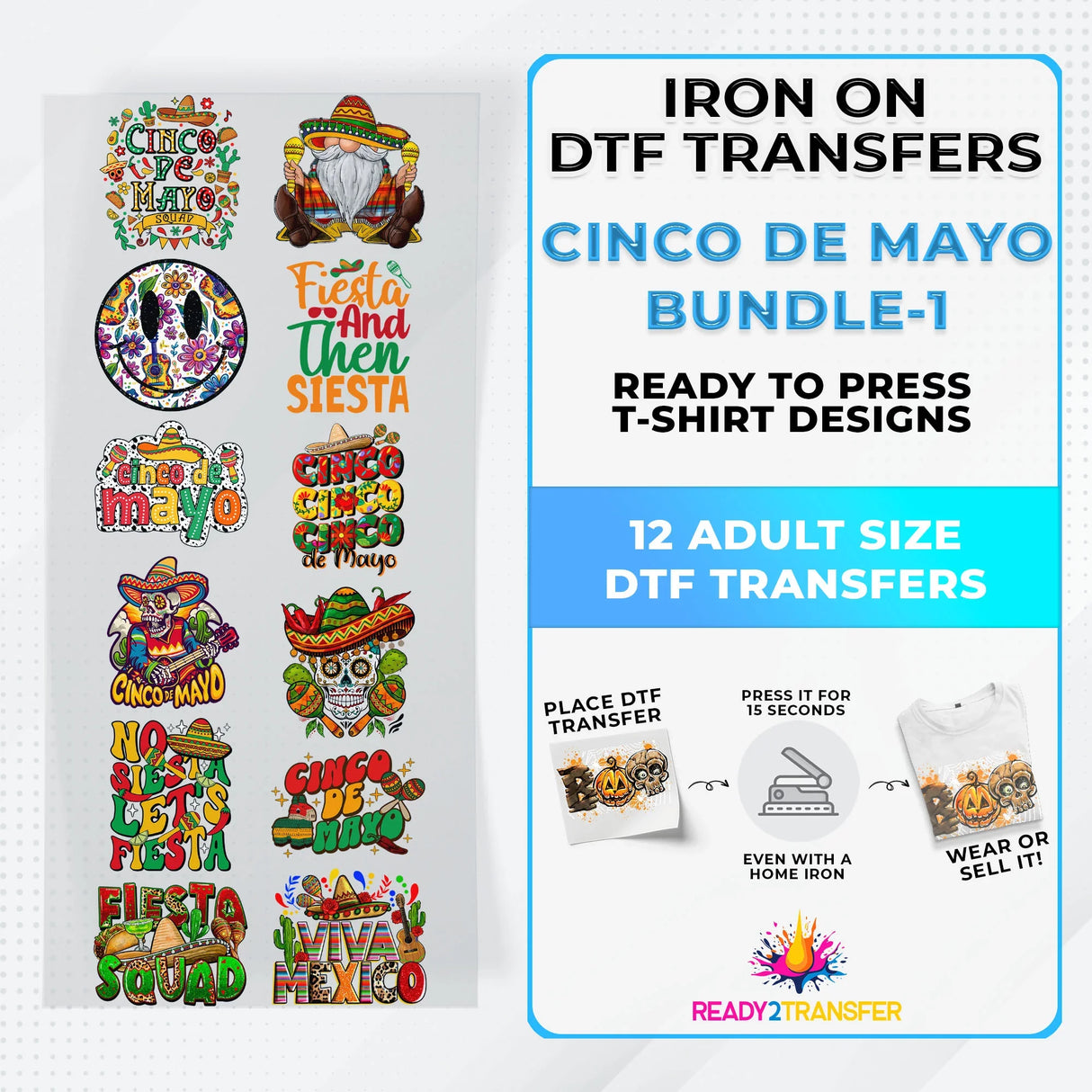 Cinco De Mayo Bundle Iron on DTF Transfer Bundle 1 - 12 Best Seller Ready To Press T-shirt Designs