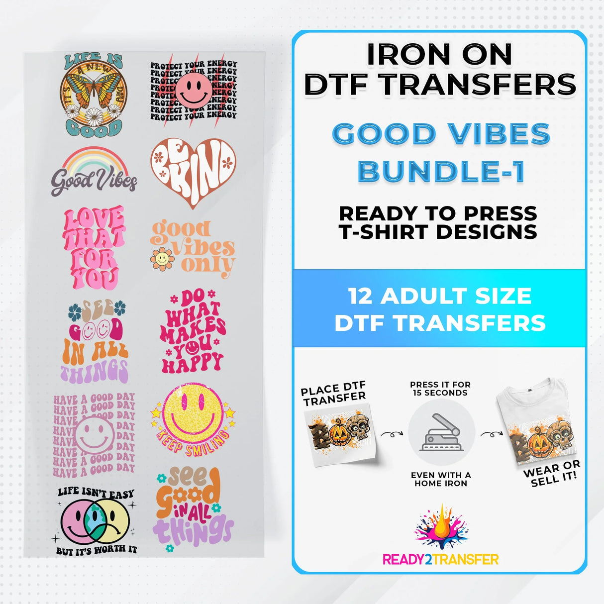 Iron on DTF transfers bundle with 12 positive message designs for adult t-shirts, ready to press