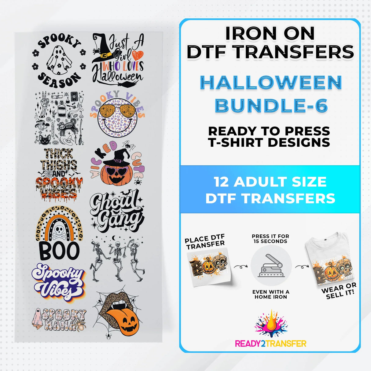 Halloween Bundle Iron on DTF Transfer Bundle 6 - 12 Best Seller Ready To Press T-shirt Designs
