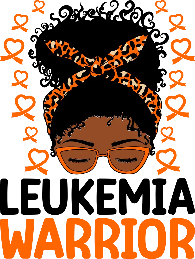 Illustration of a woman with closed eyes, leopard print headband, orange glasses, surrounded by orange heart ribbons, word WARRIOR