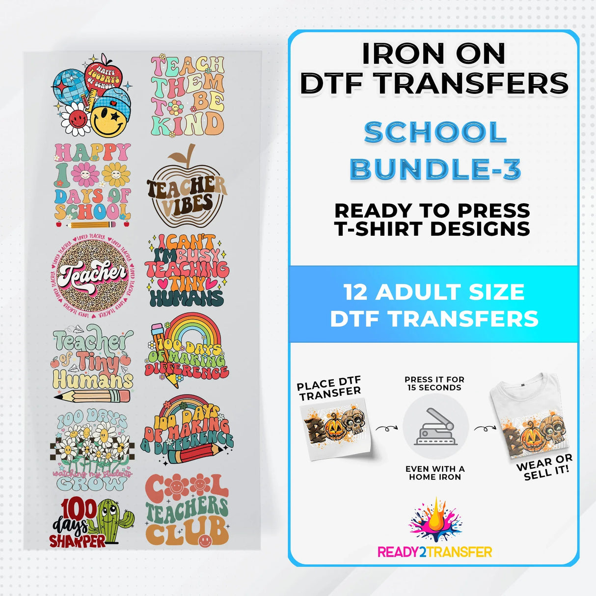 School Bundle Iron on DTF Transfer Bundle 3 - 12 Best Seller Ready To Press T-shirt Designs