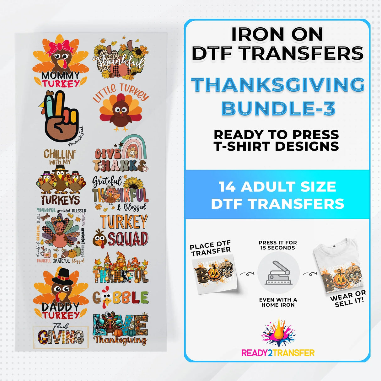 Thanksgiving Bundle Iron on DTF Transfer Bundle 3 - 14 Best Seller Ready To Press T-shirt Designs