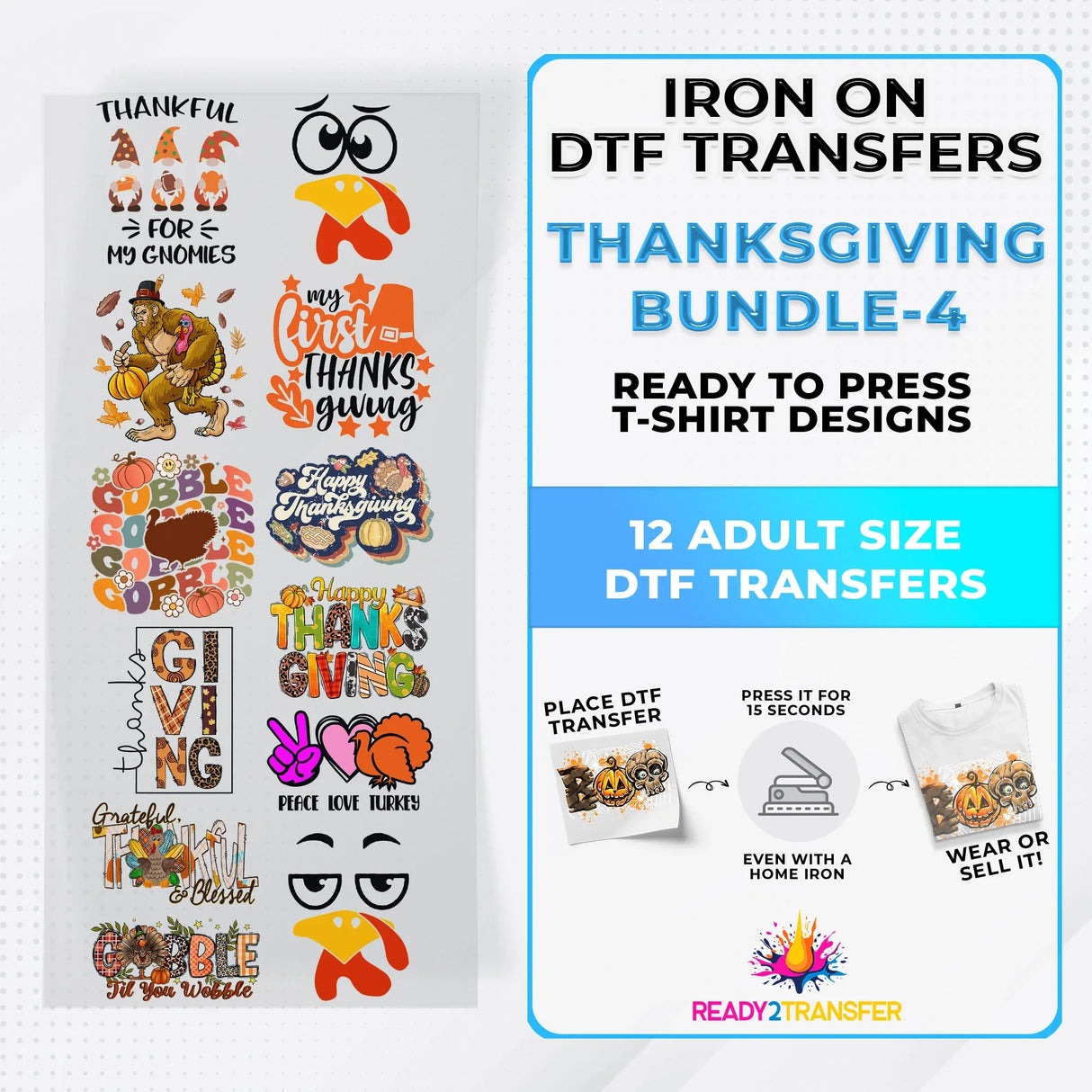Thanksgiving Bundle Iron on DTF Transfer Bundle 4 - 12 Best Seller Ready To Press T-shirt Designs