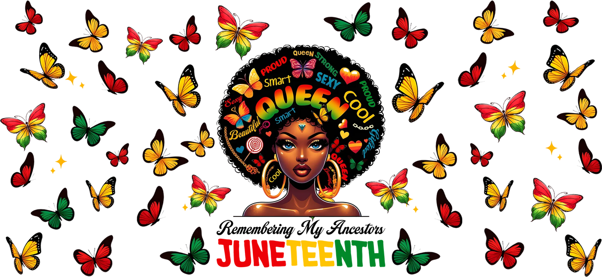 Juneteenth celebration art with Black woman afro featuring empowering words and colorful butterflies