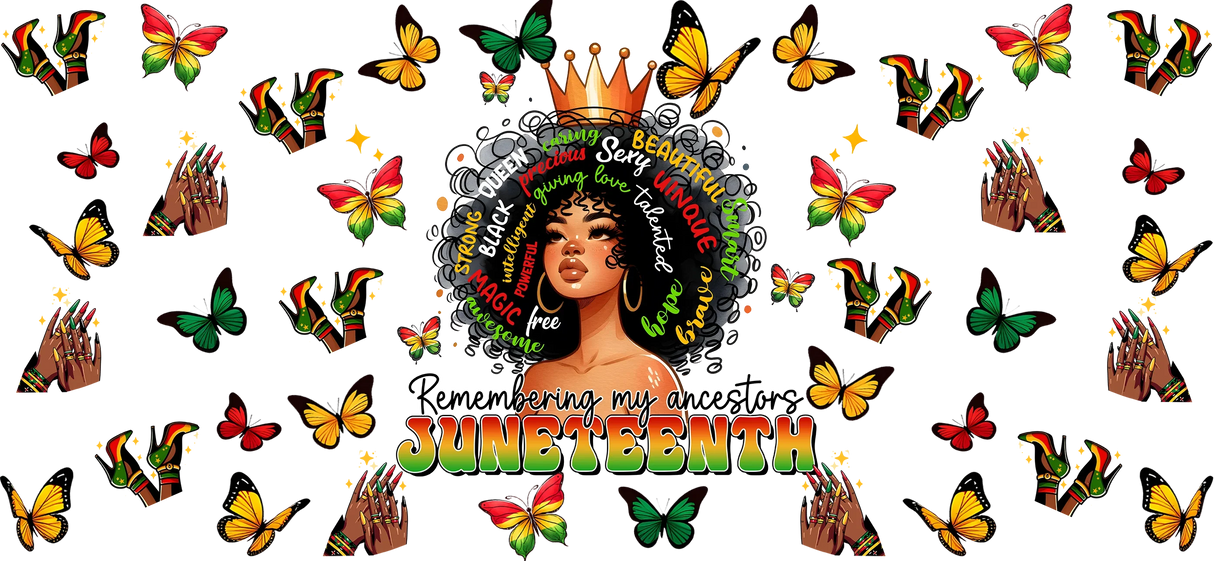 Afro woman with crown surrounded by colorful butterflies, text 'Remembering my ancestors Juneteenth'