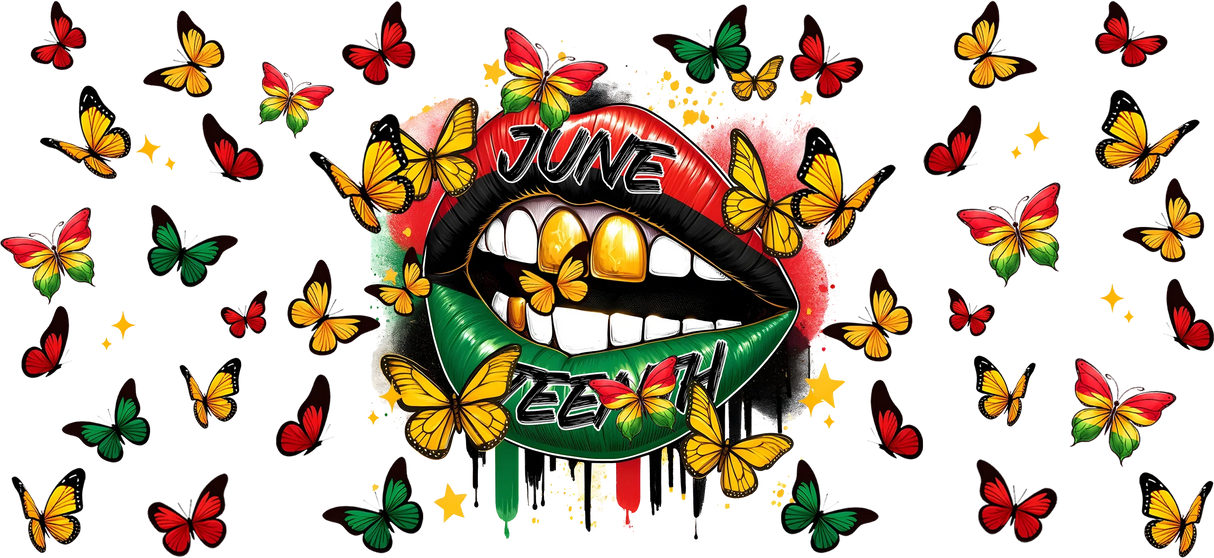Graphic of lips painted red, black, and green with gold teeth, surrounded by red, yellow, and green butterflies and stars