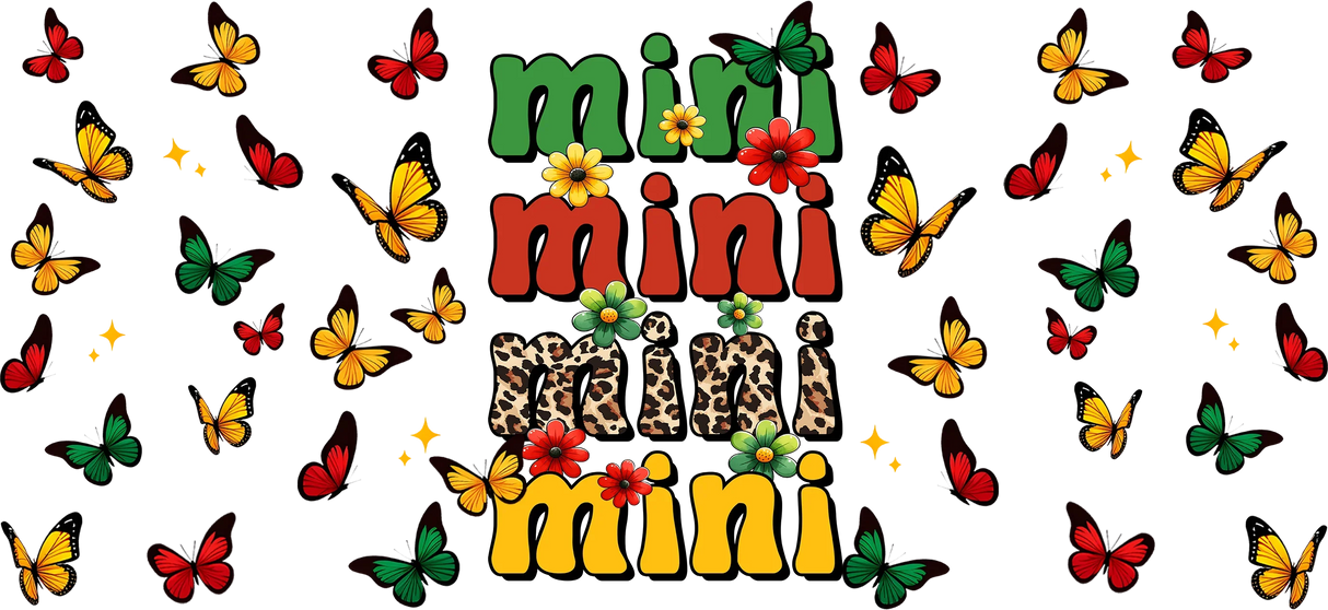 Colorful butterflies and flowers surrounding stylized text with leopard print and vibrant colors on black