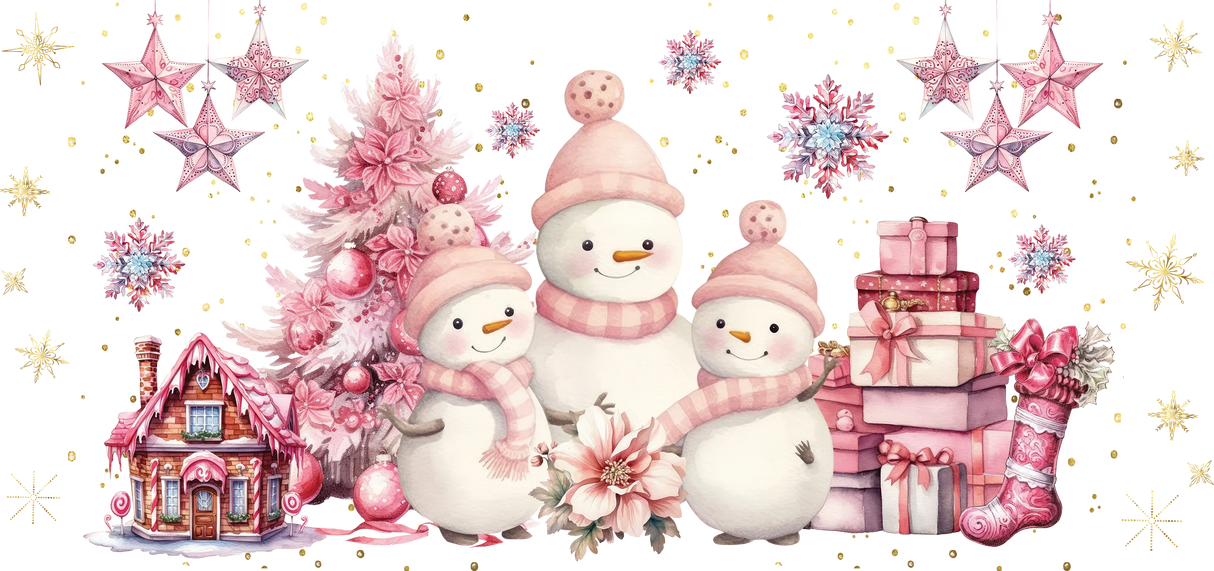 Pink Snowman Design - Winter Cup Wrap UV Sticker Permanent UV DTF Decal