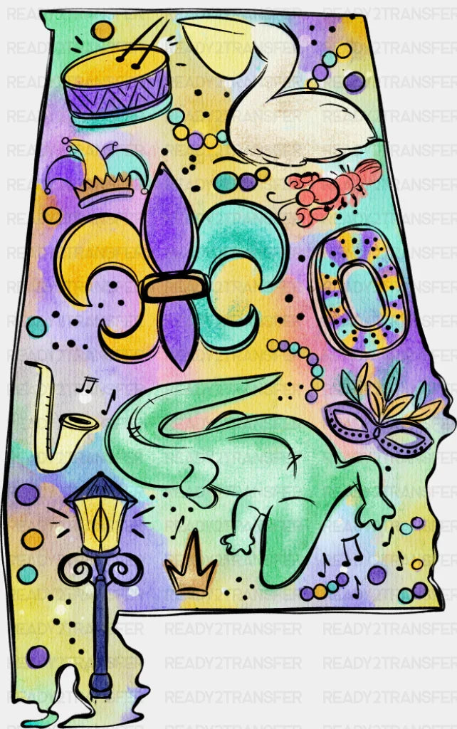 Alabama Map - Mardi Gras DTF Transfer