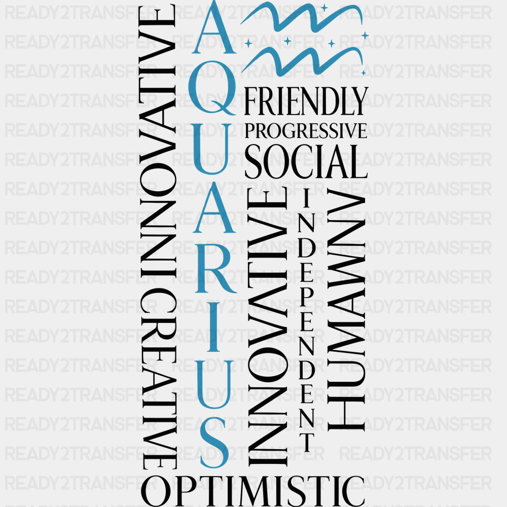 Aquarius Qualities Teal - Zodiacs & Horoscopes DTF Transfers - Adult Unisex - S & M (10’’) / Dark Color Design (See