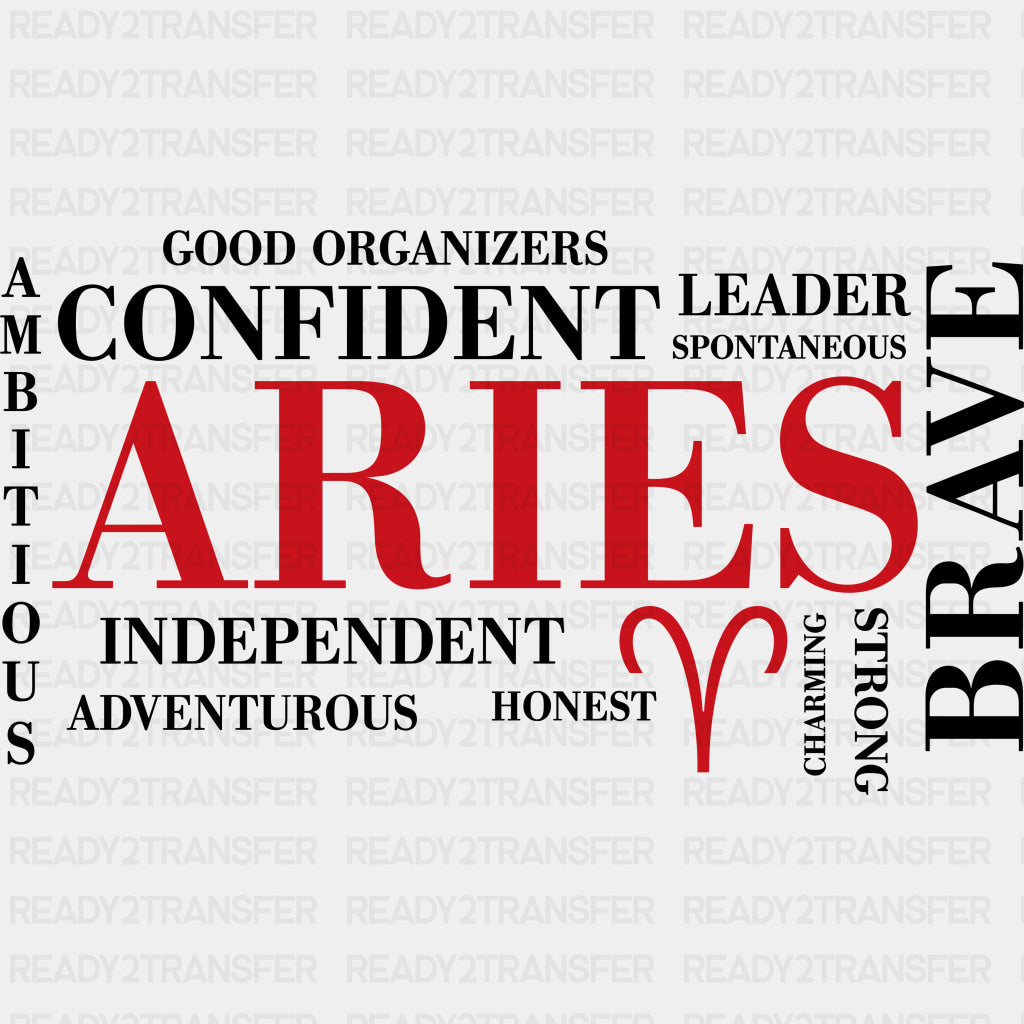 Aries Qualities Red Horizontal - Zodiacs & Horoscopes DTF Transfers - Adult Unisex - S & M (10’’) / Dark Color Design