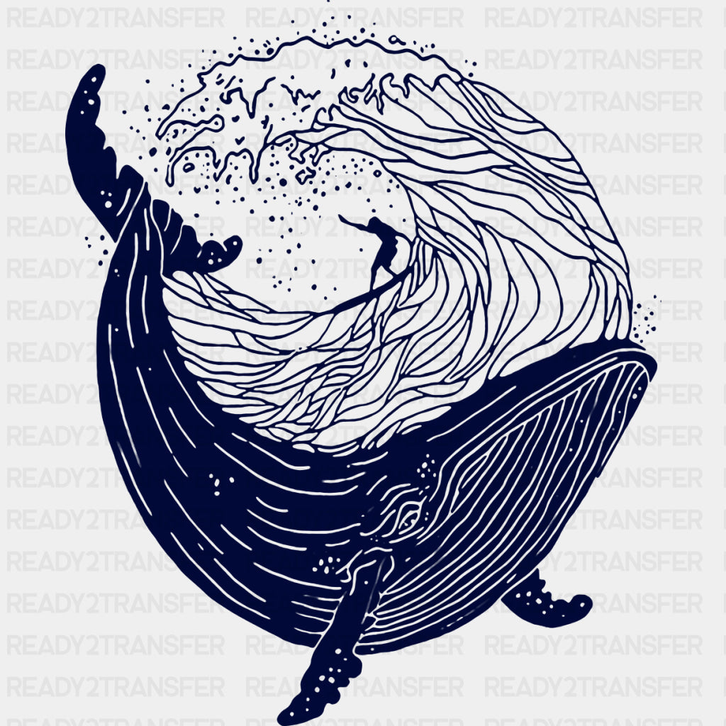 B&W Whale - Surfing DTF Transfers ready2transfer Dark Color Design (See Imaging)