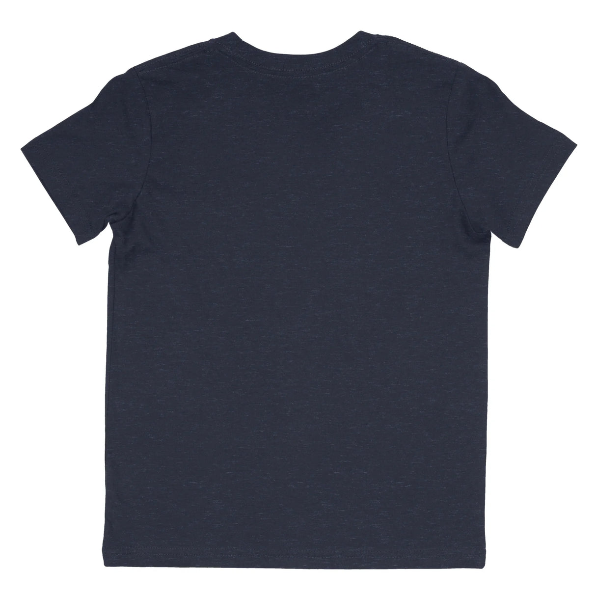 Back view of plain heather navy short sleeve t-shirt on white background