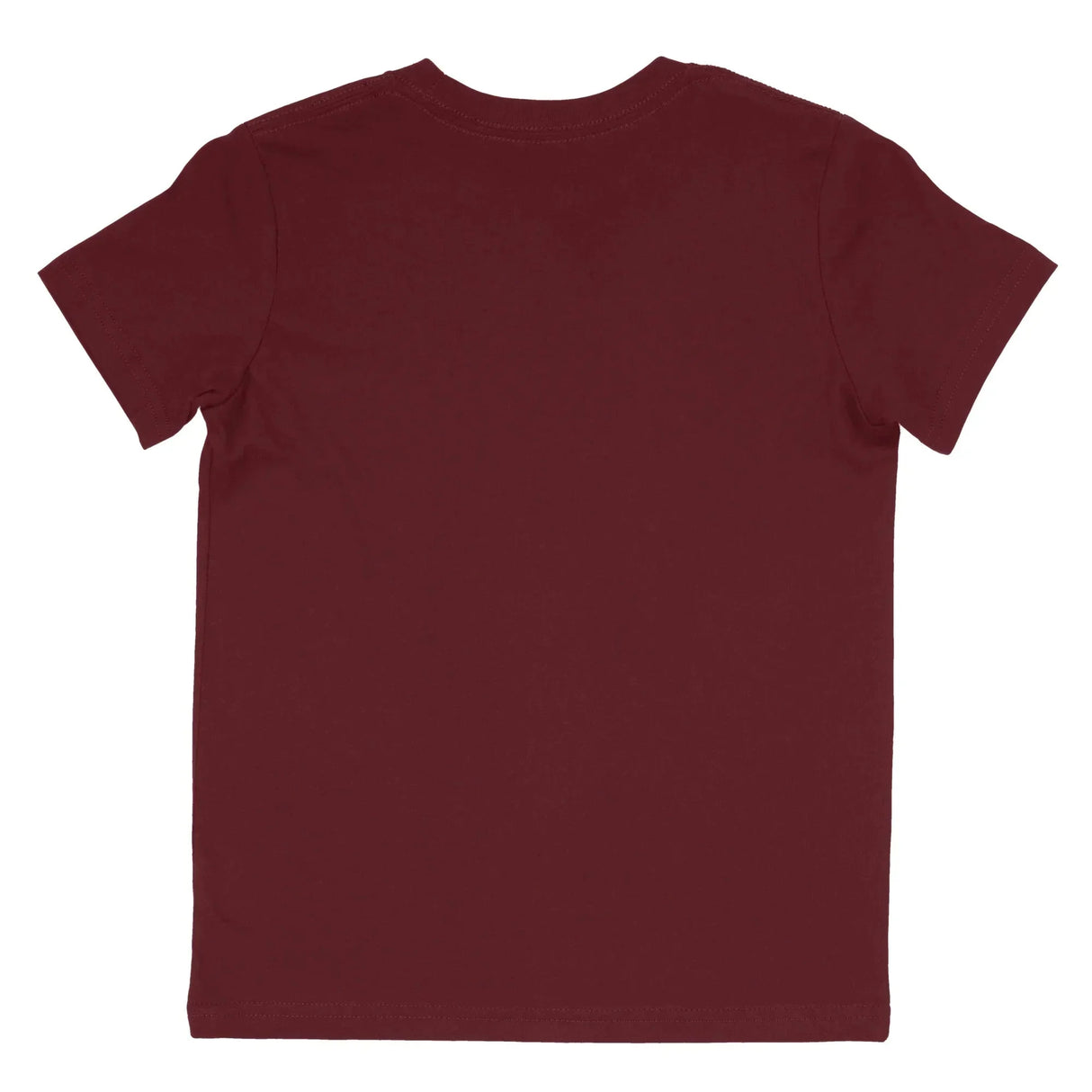 Back view of plain maroon short sleeve cotton t-shirt on white background