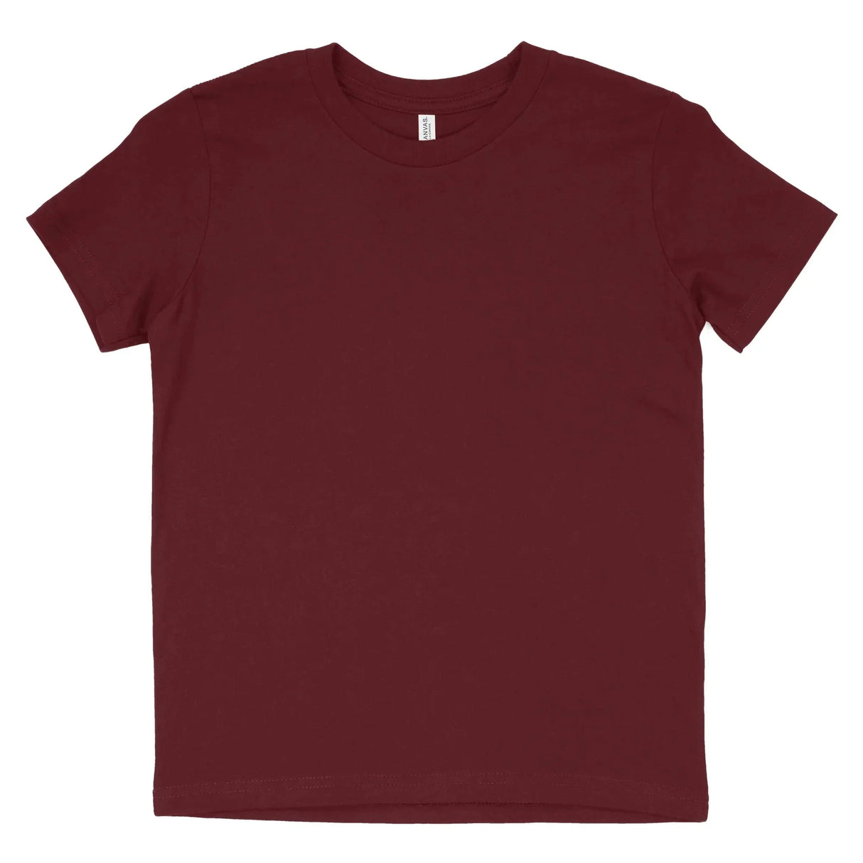 Maroon plain short-sleeve cotton T-shirt with crew neck on white background