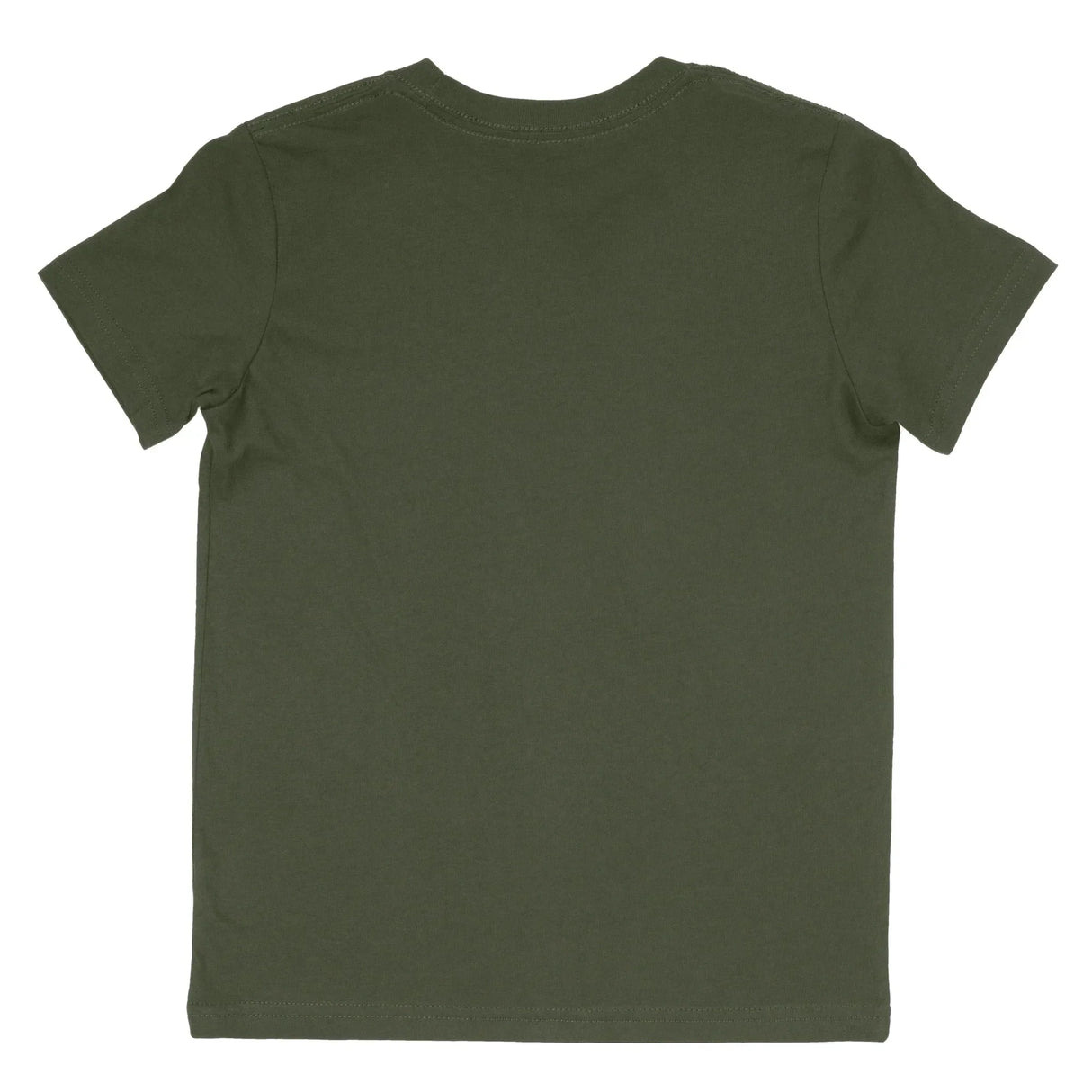 Back view of plain military green short sleeve cotton t-shirt on white background