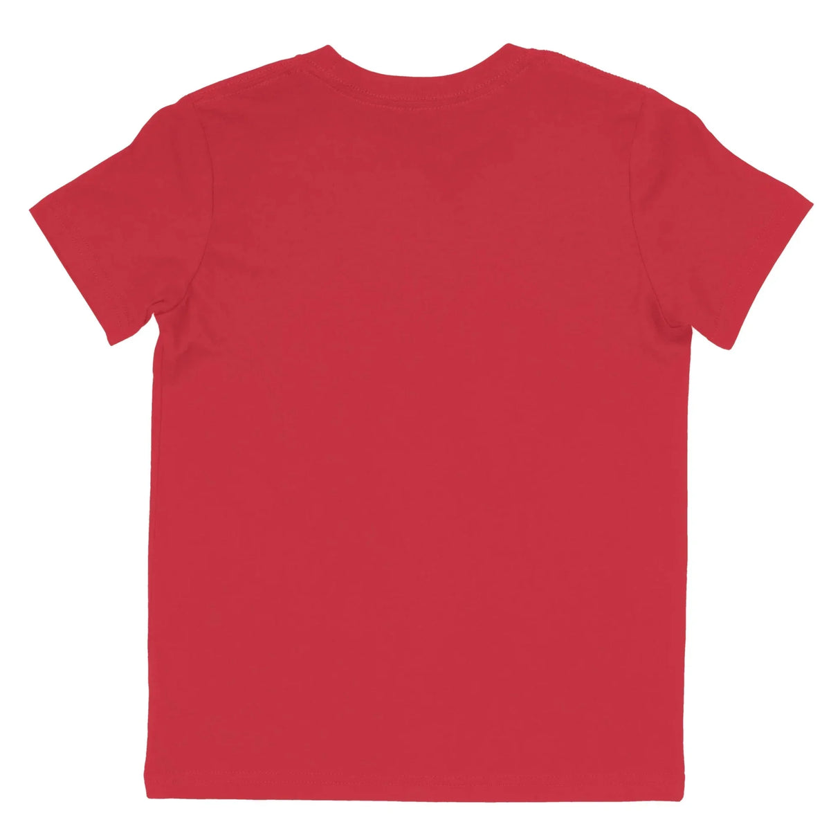 Back view of plain red short-sleeve cotton t-shirt on white background