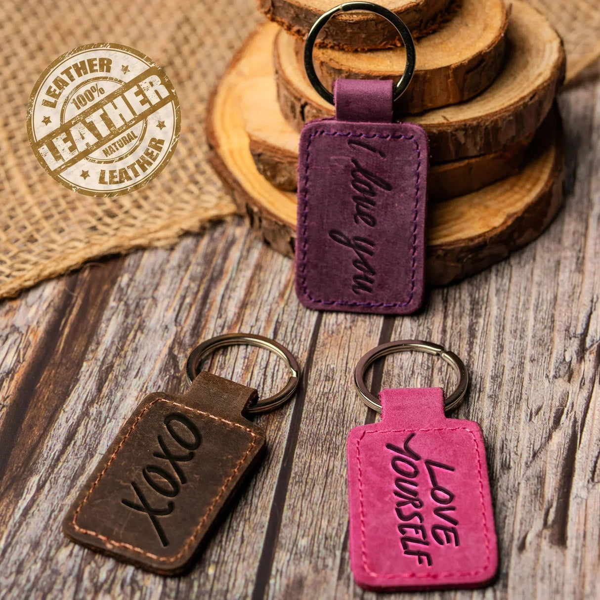 Custom Engraved Leather Keychain – Square