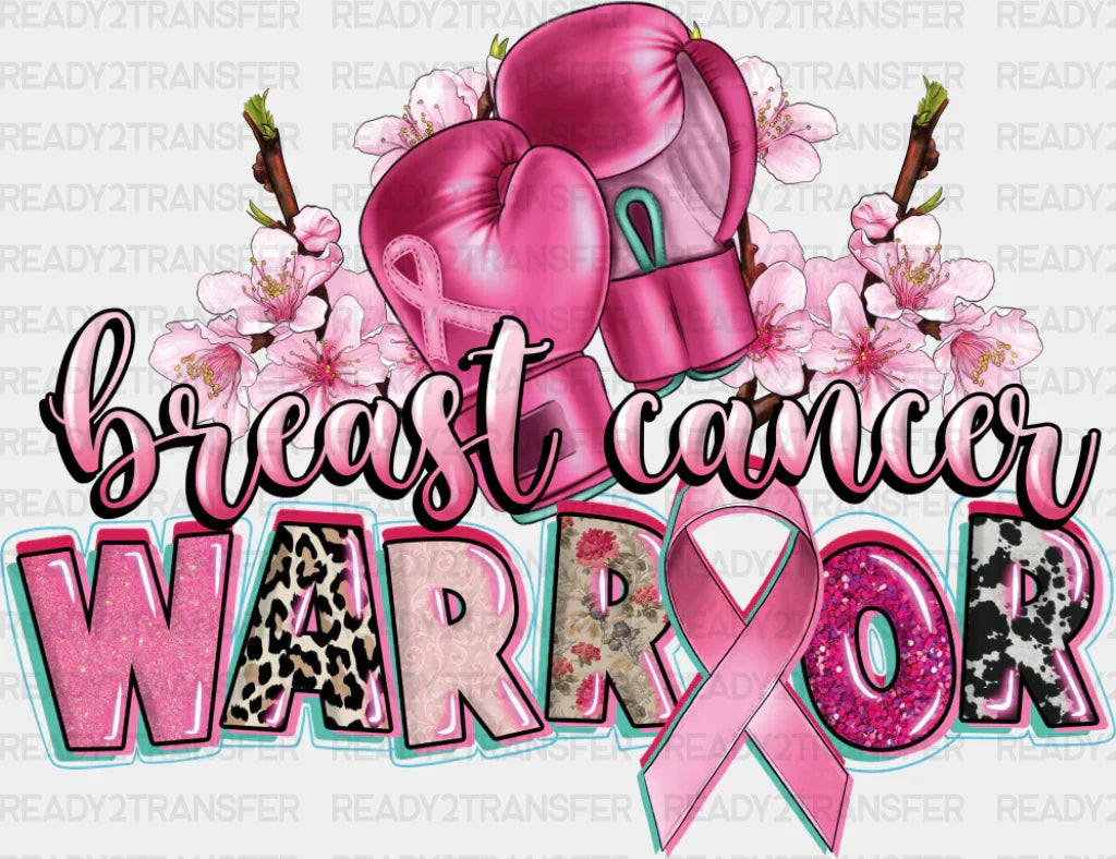 Breast Cancer Warrior Boxing Gloves And Flowers - Dtf Transfer