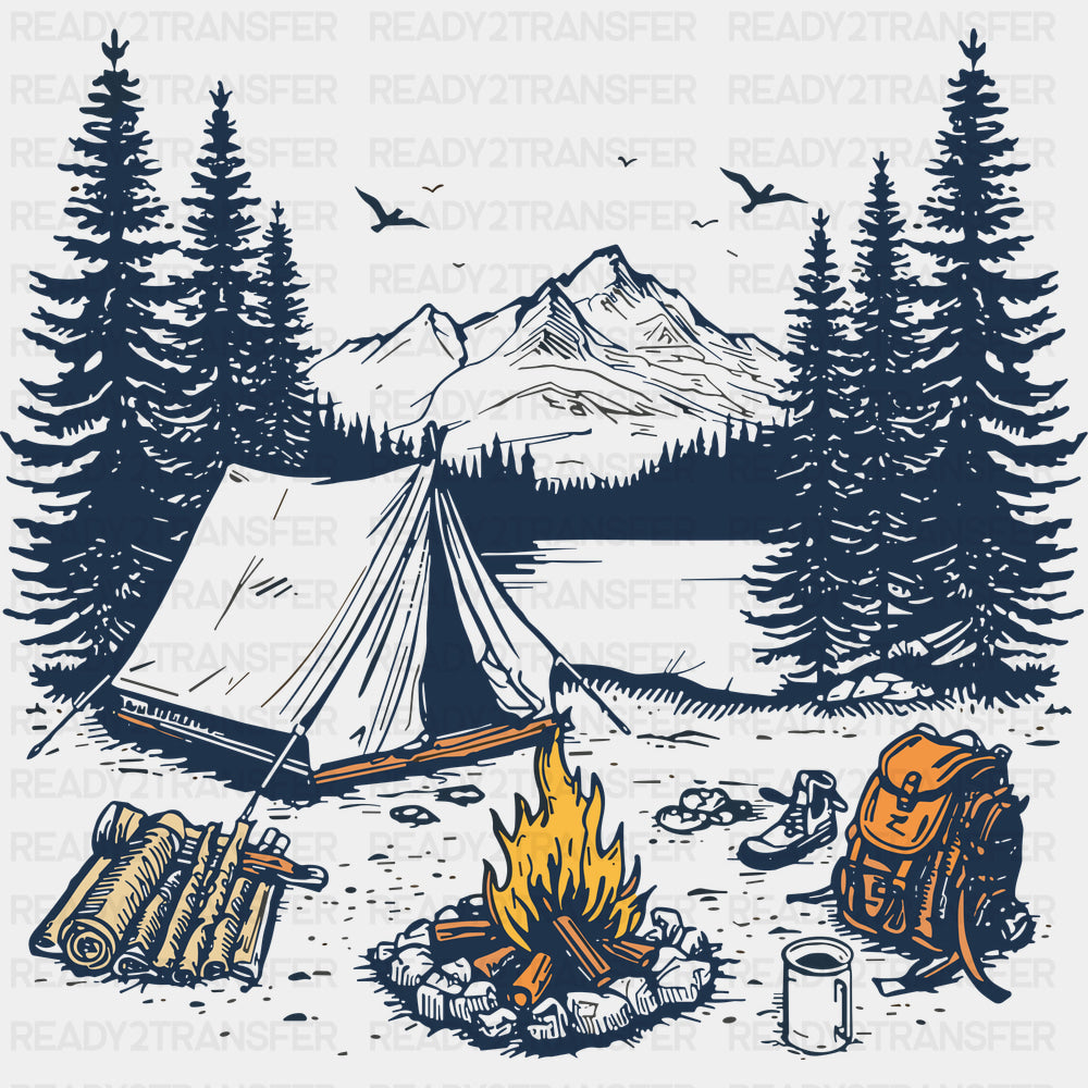Camping Illustration - Camping DTF Transfers - Adult Unisex - S & M (10’’) / Dark Color Design (See Imaging)