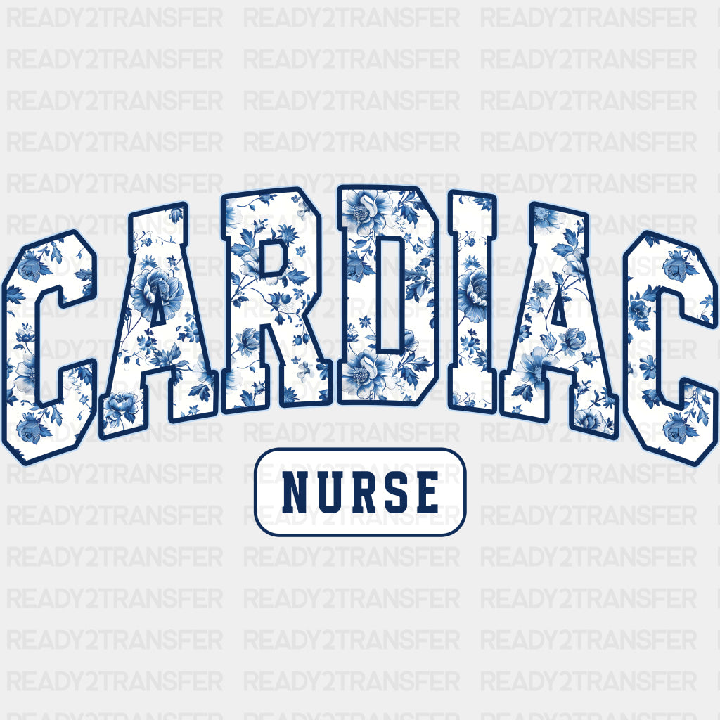 Cardiac Nurse Blue Flower Pattern - Cardiac Nurse DTF Transfers ready2transfer